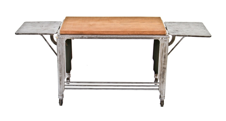 repurposed c. 1930's american art deco "skyscraper" style factory office brushed metal drop leaf typewriter table with newly added solid walnut wood top