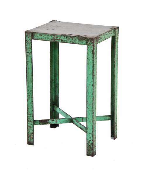 late 1940's vintage american industrial diminutive heavy gauge steel four-legged side table with original reseda green paint finish
