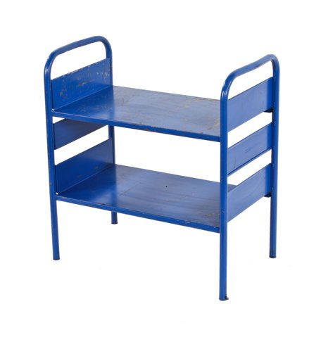 structurally sound and sturdy american industrial chicago public library freestanding tubular steel shelving unit with baked blue enameled finish