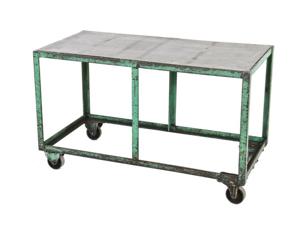 original reinforced c. 1940's vintage american industrial all-welded heavy gauge steel mobile factory cart with fully functional bassick casters