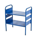 vintage american industrial chicago public library two-tier tubular steel stationary shelving unit with original baked blue enameled finish