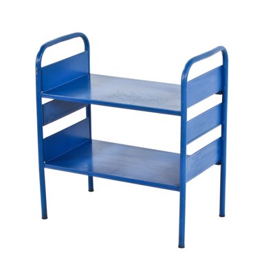 vintage american industrial chicago public library two-tier tubular steel stationary shelving unit with original baked blue enameled finish