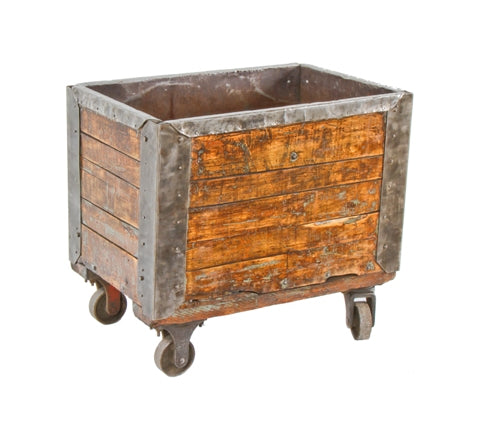 reinforced early 20th century american industrial custom-built maple wood foundry scrap metal mobile cart with riveted joint sheet metal corner guards