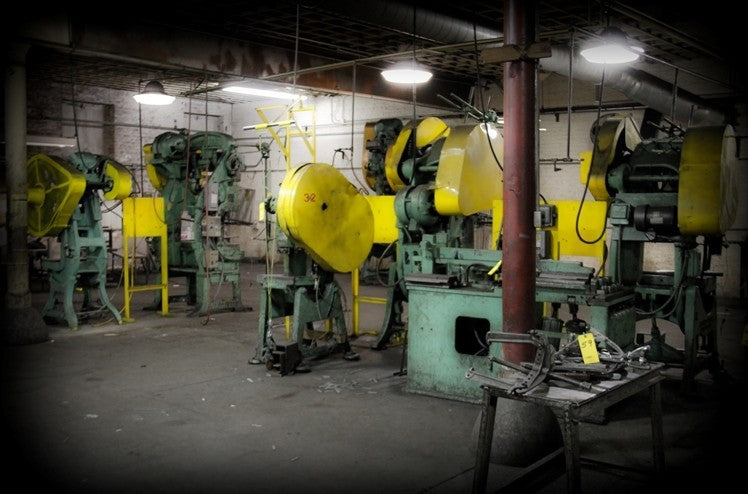 heavy duty american industrial all-welded custom built reinforced four-legged steel workshop table with original "machine green" paint finish