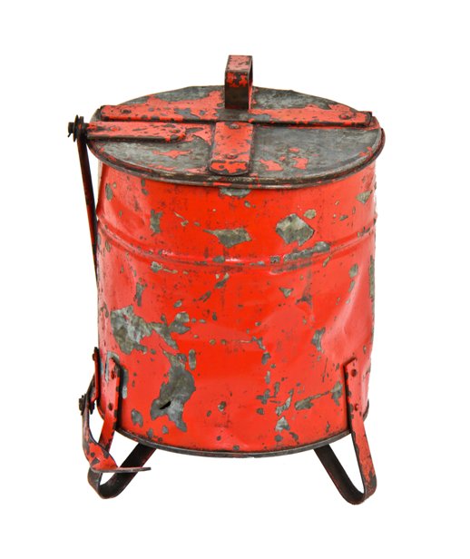 nicely worn and weathered c. 1940's vintage american industrial fully functional "justrite" foot-operated factory oily rag waste can