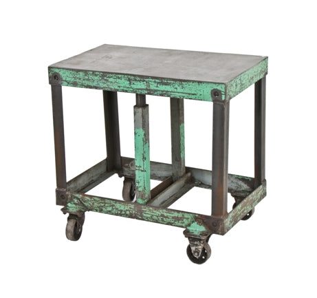 all welded late 1940's heavy duty angled steel factory mobile die factory cart with bassick casters and "machine green" enameled finish