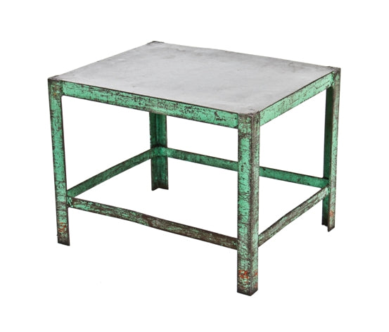 late 1940's american made vintage industrial four-legged angled heavy gauge steel stationary work table with "machine green" paint finish