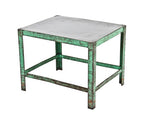 late 1940's american made vintage industrial four-legged angled heavy gauge steel stationary work table with "machine green" paint finish