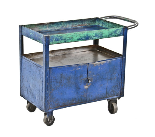 nicely distressed blue enameled folded and pressed sheet steel "lyon" tool cart or cabinet with lockable cabinet and bent tubular handle