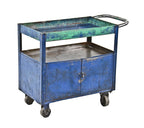 nicely distressed blue enameled folded and pressed sheet steel "lyon" tool cart or cabinet with lockable cabinet and bent tubular handle