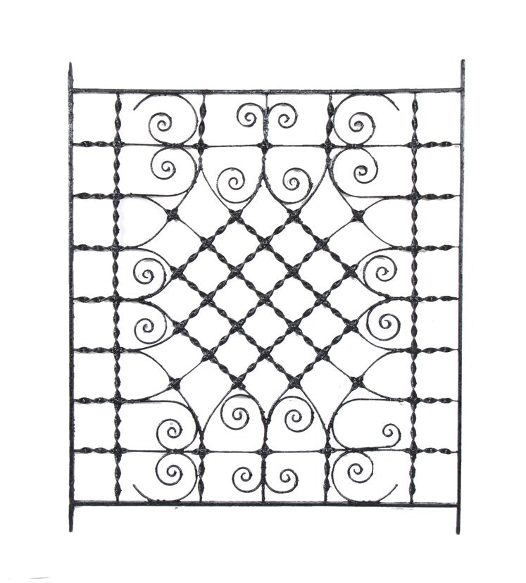 remarkably ornate late 1870's american oversized exterior black enameled twisted and scrolled wrought iron chicago mansion window guard