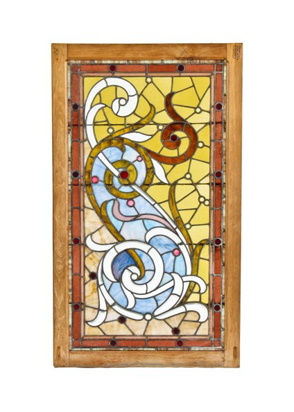 impressive c. 1880's antique american victorian era residential variegated leaded art glass window with several faceted jewel accents
