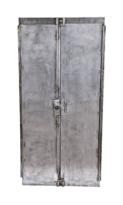 late 1940's american industrial custom-built heavy gauge steel freestanding tool and supply "strong box" with lockable hinged doors