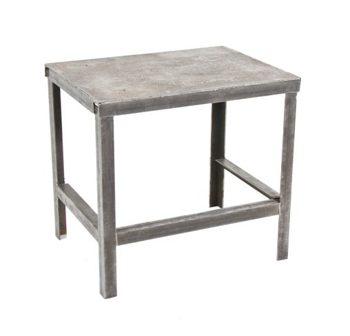 custom-built late 1940's all-welded american industrial brushed heavy gauge steel four-legged angled steel stationary table