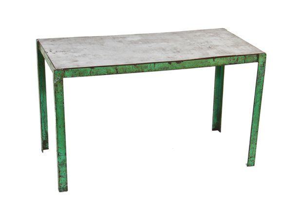 heavy duty american industrial all-welded custom built reinforced four-legged steel workshop table with original "machine green" paint finish