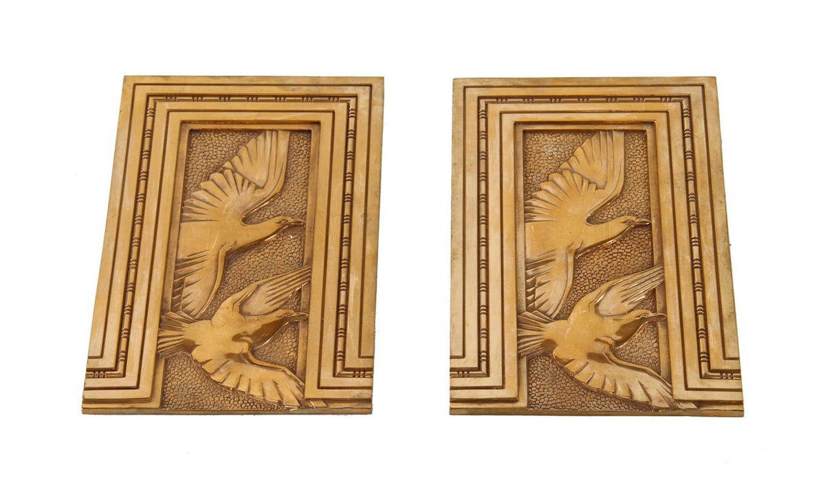 matching set of early 20th century lightly polished ornamental solid cast bronze chicago commercial building elevator door plaques with spread-wing birds