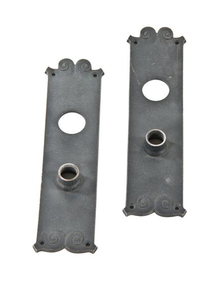 two matching late 19th century ornamental cast iron interior reliance building office door escutcheons with original bower-barff finish