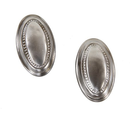 pair of c. 1910-20 american antique refinished oval-shaped ornamental wrought steel interior residential doorknobs with beaded border