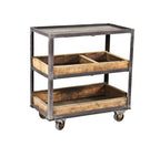 c. 1930's vintage american industrial three-tier compartmentalized riveted joint angled iron factory supply cart with fully functional casters