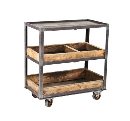 c. 1930's vintage american industrial three-tier compartmentalized riveted joint angled iron factory supply cart with fully functional casters