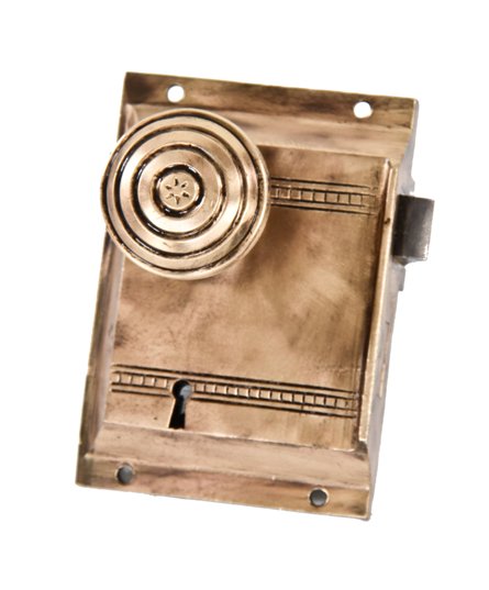 original late 19th century american antique ornamental cast bronze railroad "saloon door" lockset with deeply incised geometric designs