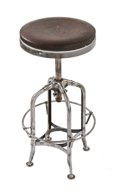 highly desirable c. 1930's american industrial adjustable height "uhl art steel" backless stationary stool with solid walnut wood circular seat