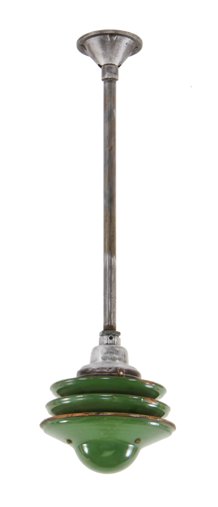 repurposed c. 1950's american vintage industrial green porcelain enameled staggered shade pendant light fixture with patented cast iron ceiling canopy