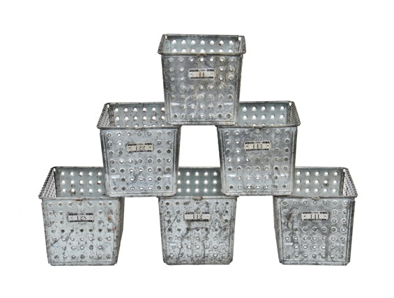 group of six matching c. 1940's combination perforated and wire galvanized steel gymnasium locker room numbered baskets