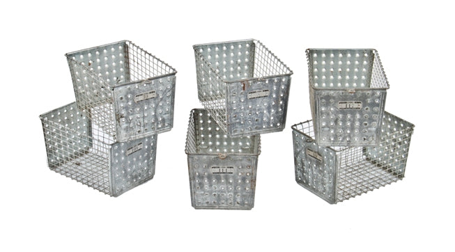 group of late 1940's matching american industrial lyon galvanized steel locker room portable baskets with intact number plaques
