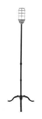 repurposed c. 1920's american industrial freestanding theater stage illuminated "ghost light" with three-legged riveted iron base