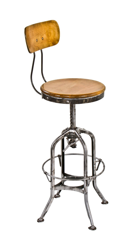 all original and completely intact c. 1930's american industrial clement uhl designed adjustable height stool with fully functional clutch