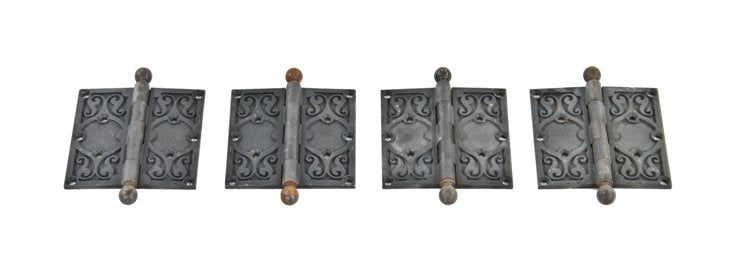 group of four original late 19th century interior reliance building office door ornamental cast iron hinges with ball finials