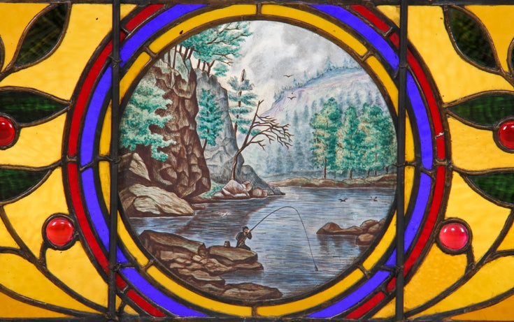 extraordinary 19th century american victorian era david c. cook mansion stained glass transom window featuring a centrally located kiln fired pastoral scene with fisherman