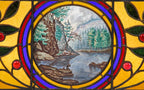 extraordinary 19th century american victorian era david c. cook mansion stained glass transom window featuring a centrally located kiln fired pastoral scene with fisherman