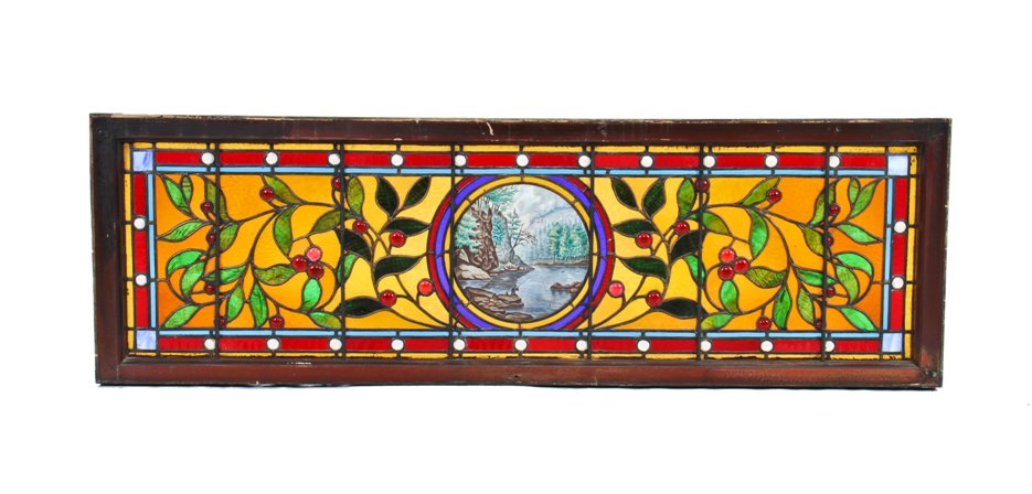 extraordinary 19th century american victorian era david c. cook mansion stained glass transom window featuring a centrally located kiln fired pastoral scene with fisherman