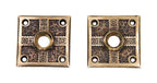 two matching unique and highly desirable c. 1880's american antique ornamental cast brass "ivy" pattern square-shaped rosettes
