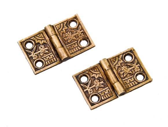 two matching original antique american 19th century eastlake style "oriental" pattern ornamental cast brass residential shutter door hinges