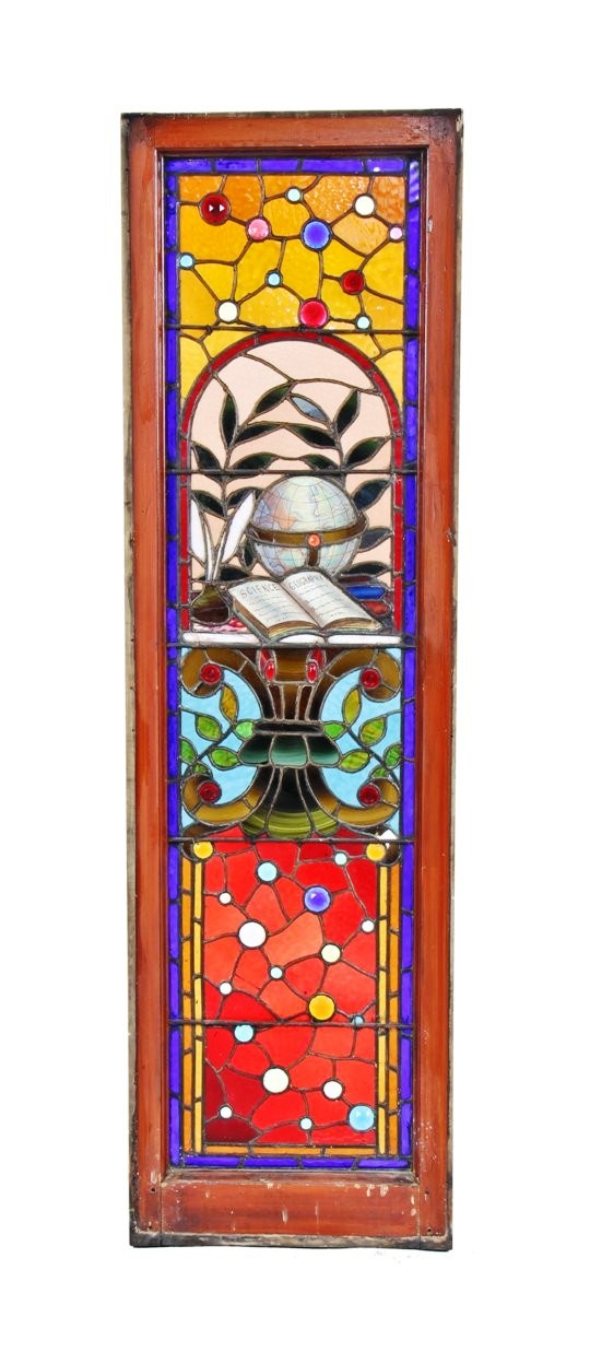 phenomenal one of a kind c. 1880's american victorian era interior david c. cook mansion jeweled stained glass window containing a baked enameled globe, textbook and feather pen