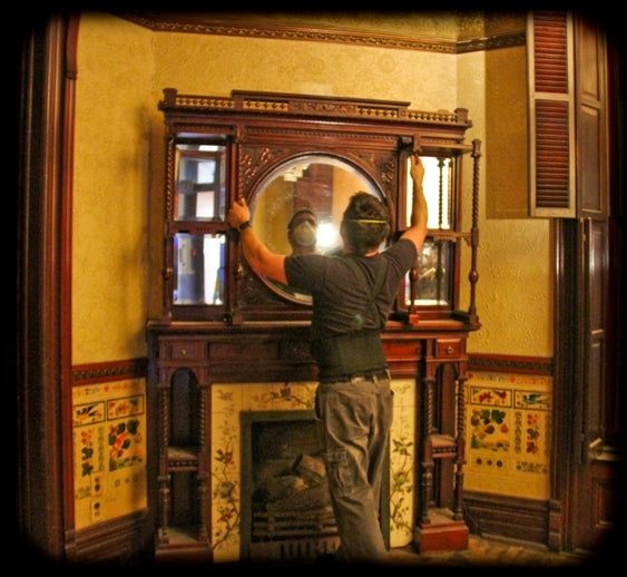 extraordinary all original 19th century american aesthetic movement carved solid mahogany wood residential full fireplace mantel with original dark stained finish