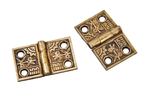 matching set of original c. 1885 antique american cast brass "oriental" pattern interior residential eastlake style shutter door hinges
