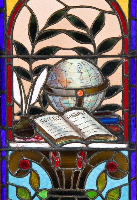 phenomenal one of a kind c. 1880's american victorian era interior david c. cook mansion jeweled stained glass window containing a baked enameled globe, textbook and feather pen