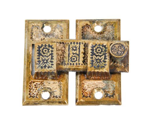 original and intact c. 1885 antique american eastlake style ornamental cast brass "ivy" pattern residential shutter door bar or latch