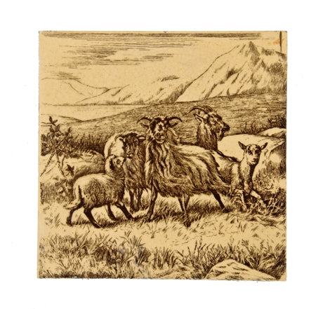 c. 1885 all original antique aesthetic movement pastoral minton sepia-toned transfer print ceramic residential "goats" fireplace tile