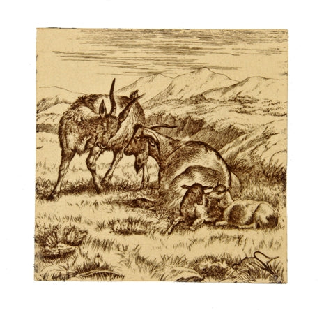 original c. 1885 aesthetic movement pictorial "animals on the farm" william wise designed transferware ceramic fireplace tile with allover crazing