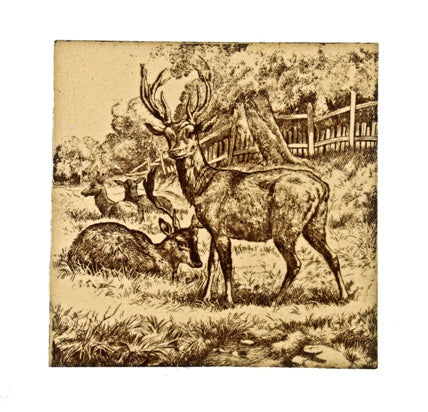 late 19th century antique aesthetic movement "deer" pastoral scene transfer print residential minton fireplace ceramic tile
