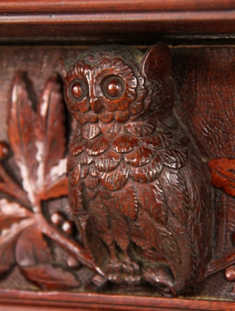 extraordinary all original 19th century american aesthetic movement carved solid mahogany wood residential full fireplace mantel with original dark stained finish