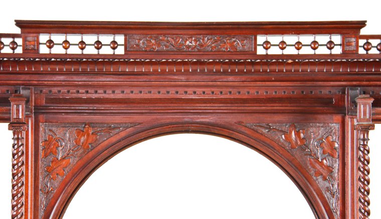 extraordinary all original 19th century american aesthetic movement carved solid mahogany wood residential full fireplace mantel with original dark stained finish