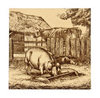unique 19th century antique aesthetic movement pictorial transferware tile depicting a sepia-toned farm scene with cow and pig