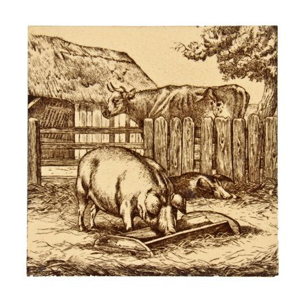 unique 19th century antique aesthetic movement pictorial transferware tile depicting a sepia-toned farm scene with cow and pig