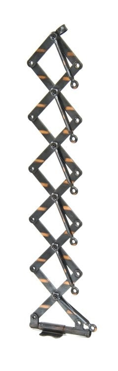 highly sought after original american industrial wall-mount "hood" new old stock steel scissor garment extension bracket with intact oxidized copper-plated finish